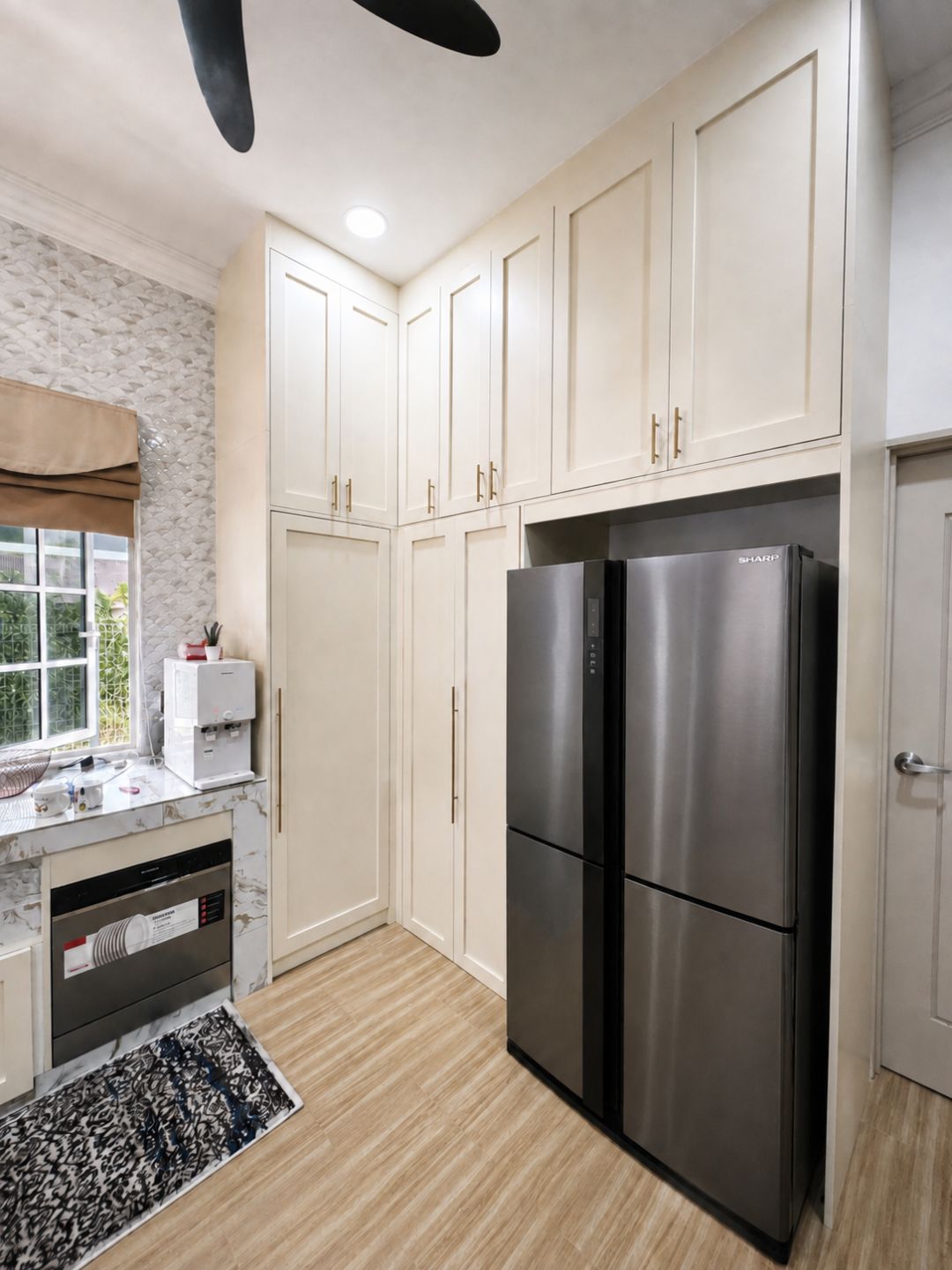 Quartz worktop with under-cabinet LED strip lighting