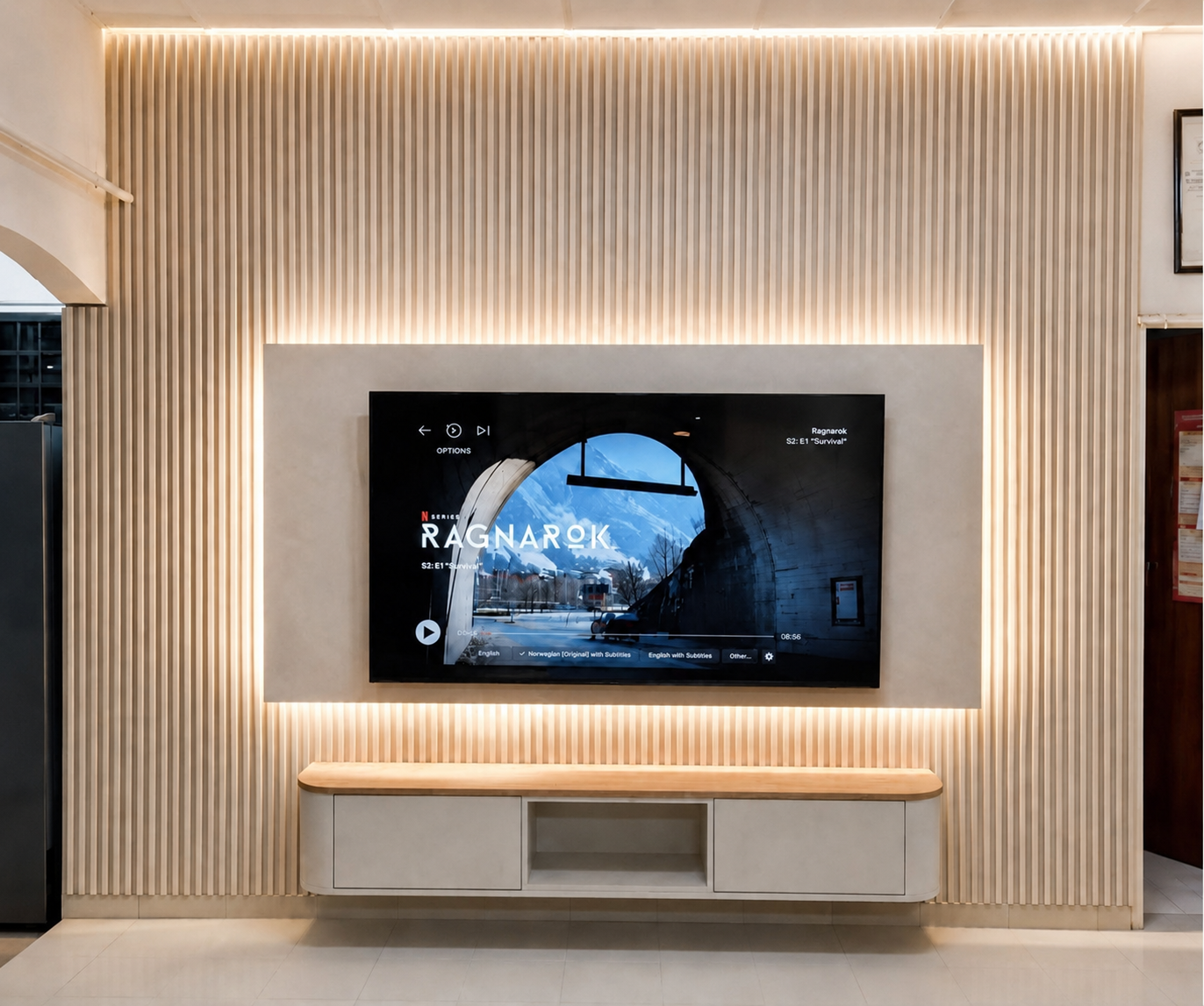 Fluted oak TV feature wall with LED lighting, 