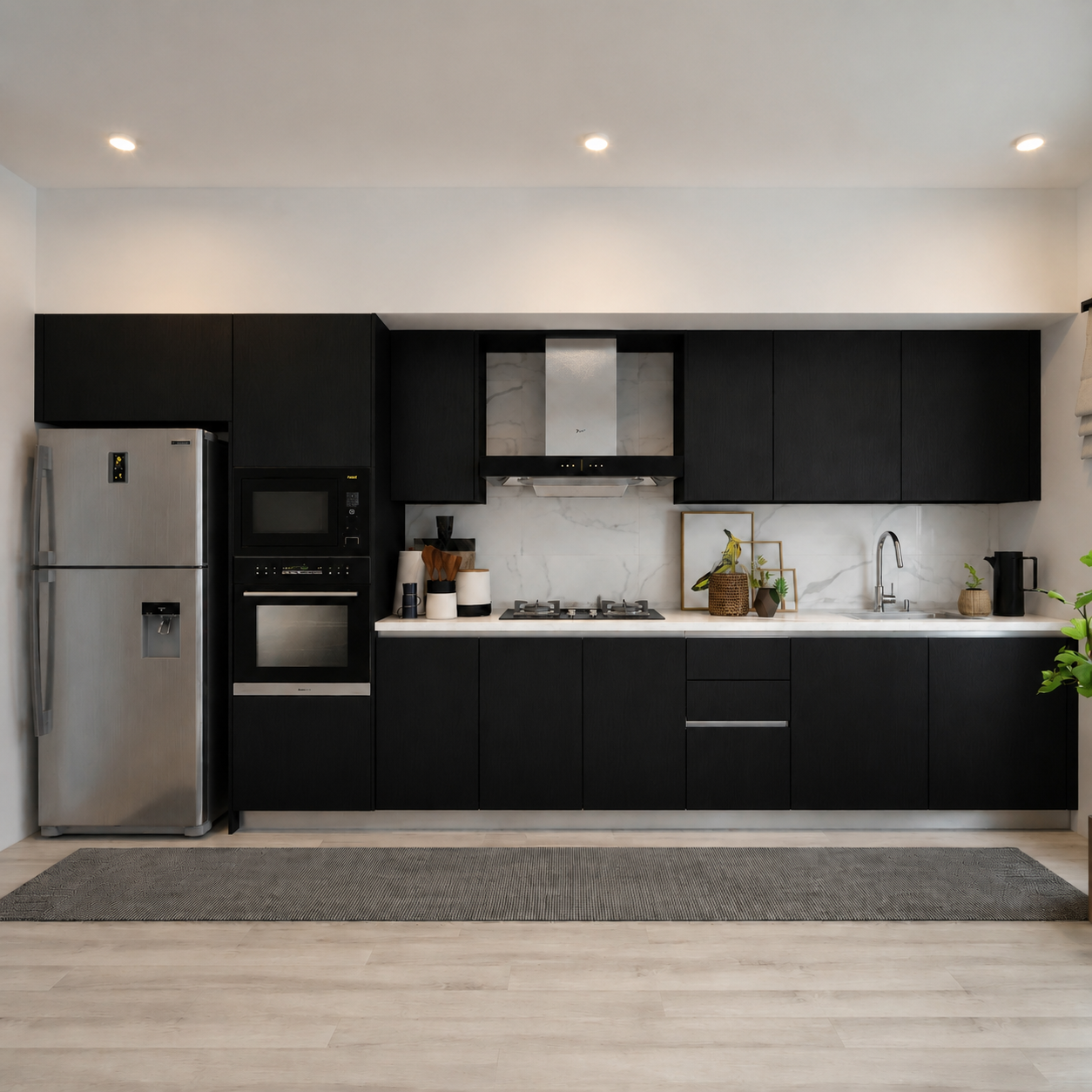 A bright modern I-shaped kitchen with white cabinets along a single wall