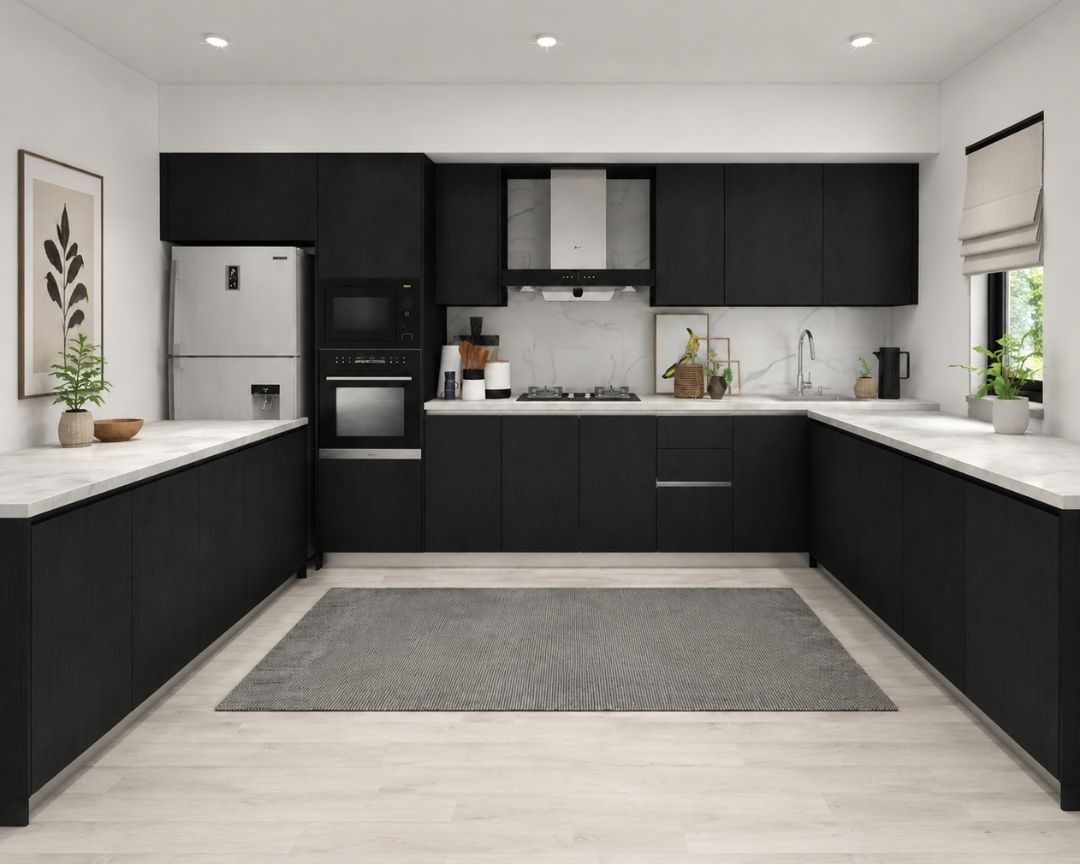 A U-shaped kitchen with stainless steel appliances and elegant wood cabinetry