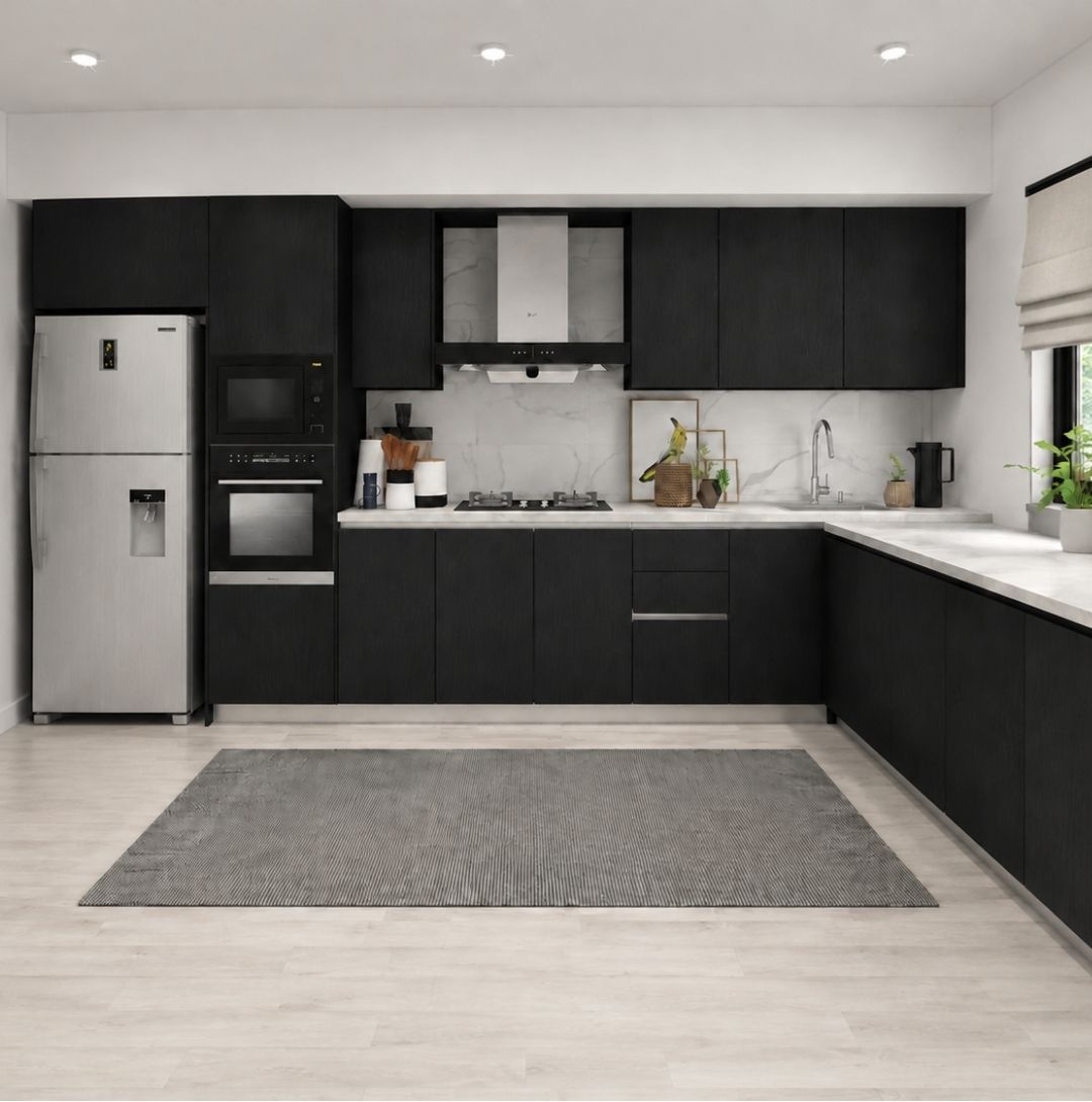 A spacious L-shaped kitchen with elegant cabinetry along two walls