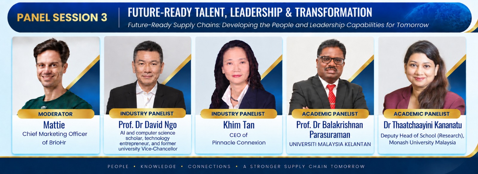 Panel Session 3 &mdash; Future-Ready Talent, Leadership & Transformation. Moderator: Mattie (Chief Marketing Officer of BrioHr). Industry Panelists: Prof. Dr David Ngo (AI and computer science scholar, technology entrepreneur, former university Vice-Chancellor) and Khim Tan (CEO of Pinnacle Connexion). Academic Panelists: Prof. Dr Balakrishnan Parasuraman (Universiti Malaysia Kelantan) and Dr Thaatchaayini Kananatu (Deputy Head of School Research, Monash University Malaysia).