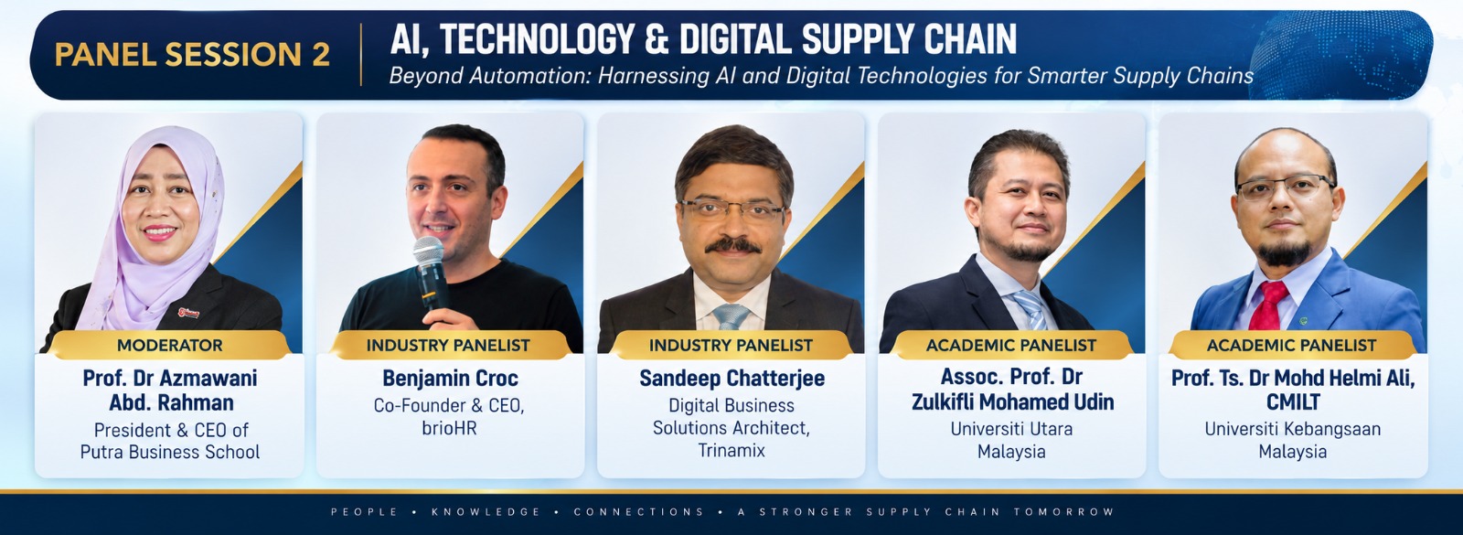 Panel Session 2 &mdash; AI, Technology & Digital Supply Chain: Moderator Prof. Dr Azmawani Abd. Rahman (President & CEO of Putra Business School); Industry Panelists Benjamin Croc (Co-Founder & CEO, brioHR) and Sandeep Chatterjee (Digital Business Solutions Architect, Trinamix); Academic Panelists Assoc. Prof. Dr Zulkifli Mohamed Udin (Universiti Utara Malaysia) and Prof. Ts. Dr Mohd Helmi Ali, CMILT (Universiti Kebangsaan Malaysia).
