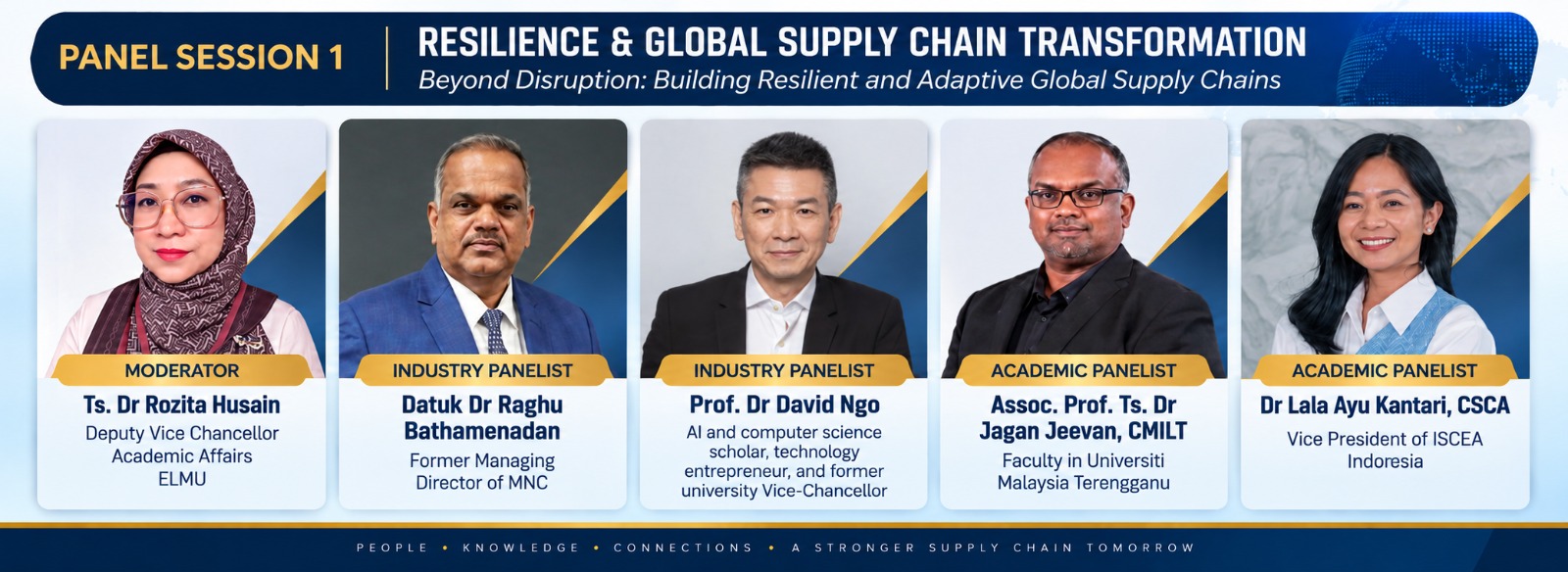 Panel Session 1 &mdash; Resilience & Global Supply Chain Transformation: Moderator Ts. Dr Rozita Husain (Deputy Vice Chancellor, Academic Affairs, ELMU); Industry Panelists Datuk Dr Raghu Bathamenadan (Former Managing Director of MNC) and Prof. Dr David Ngo (AI and computer science scholar, technology entrepreneur, and former university Vice-Chancellor); Academic Panelists Assoc. Prof. Ts. Dr Jagan Jeevan, CMILT (Faculty, Universiti Malaysia Terengganu) and Dr Lala Ayu Kantari, CSCA (Vice President of ISCEA Malaysia).