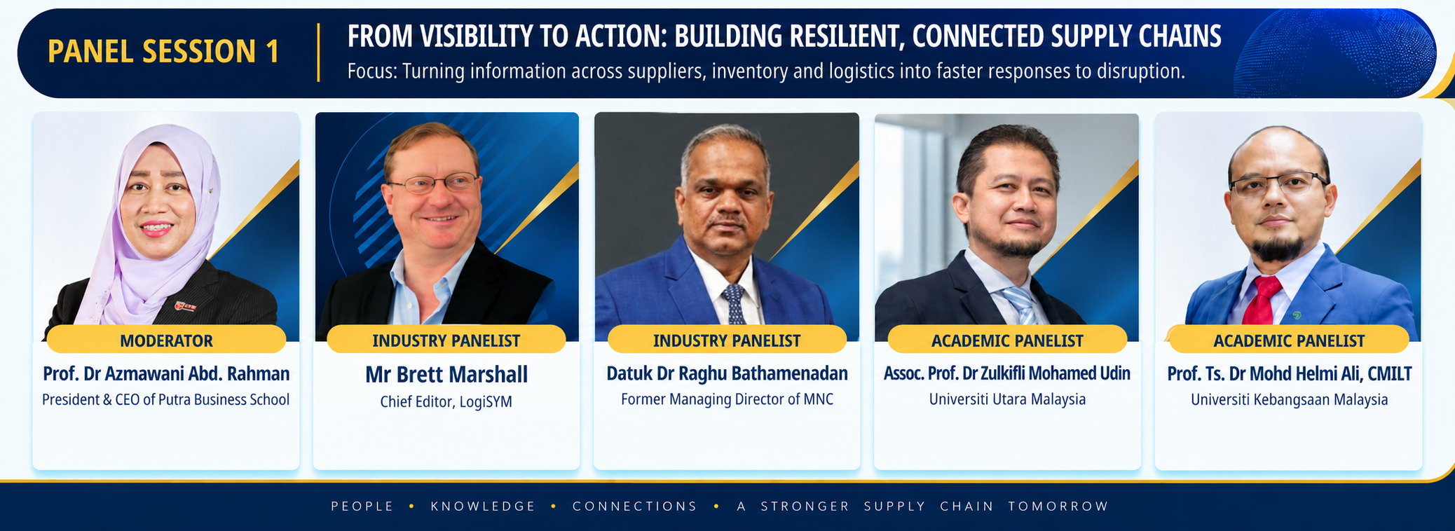 Panel Session 1 &mdash; From Visibility to Action: Building Resilient, Connected Supply Chains. Moderator: Prof. Dr Azmawani Abd. Rahman (President & CEO of Putra Business School). Industry Panelists: Mr Brett (Chief Editor, LogiSYM) and Datuk Dr Raghu Bathamenadan (Former Managing Director of MNC). Academic Panelists: Assoc. Prof. Dr Zulkifli Mohamed Udin (Universiti Utara Malaysia) and Prof. Ts. Dr Mohd Helmi Ali, CMILT (Universiti Kebangsaan Malaysia).