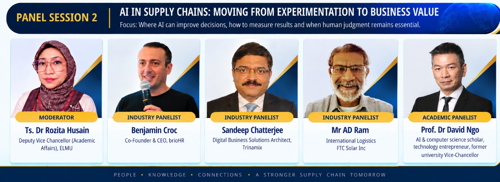 Panel Session 2 &mdash; AI in Supply Chains: Moving from Experimentation to Business Value. Moderator: Ts. Dr Rozita Husain (Deputy Vice Chancellor, Academic Affairs, ELMU). Industry Panelists: Benjamin Croc (Co-Founder & CEO, brioHR), Sandeep Chatterjee (Digital Business Solutions Architect, Trinamix) and Mr AD Ram (International Logistics, FTC Solar Inc.). Academic Panelist: Prof. Dr David Ngo (AI & computer science scholar, technology entrepreneur, former university Vice-Chancellor).
