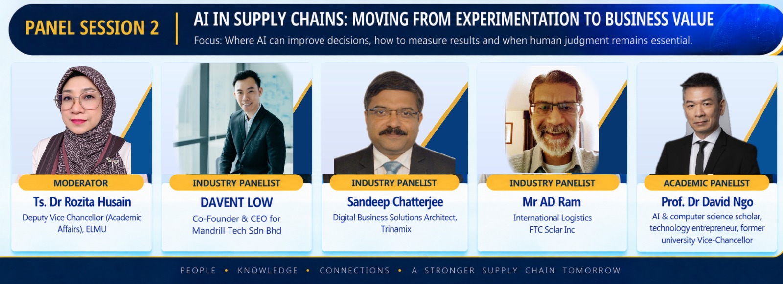 Panel Session 2 &mdash; AI in Supply Chains: Moving from Experimentation to Business Value. Moderator: Ts. Dr Rozita Husain (Deputy Vice Chancellor, Academic Affairs, ELMU). Industry Panelists: Mr Davent Low (Co-Founder and CEO of Maindrill Tech. Sdn Bhd), Sandeep Chatterjee (Digital Business Solutions Architect, Trinamix) and Mr AD Ram (Senior Manager, International Logistics, FTC Solar Inc.). Academic Panelist: Prof. Dr David Ngo (AI & computer science scholar, technology entrepreneur, former university Vice-Chancellor).